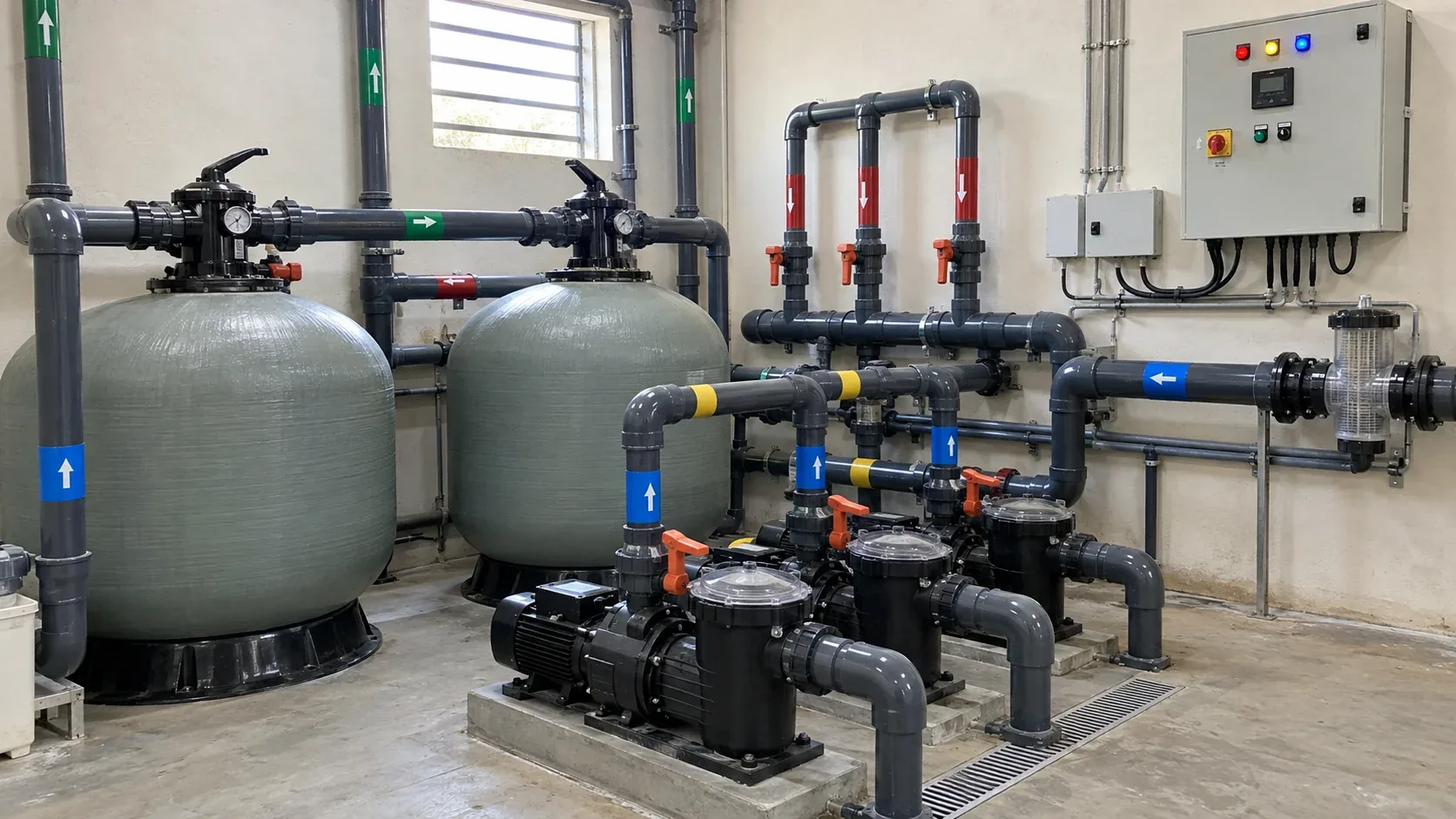 Organised swimming pool plant room with pumps, sand filters, valves and control panel