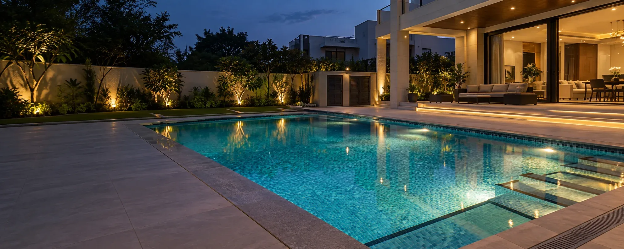 Contemporary residential swimming pool beside a contemporary villa at blue hour